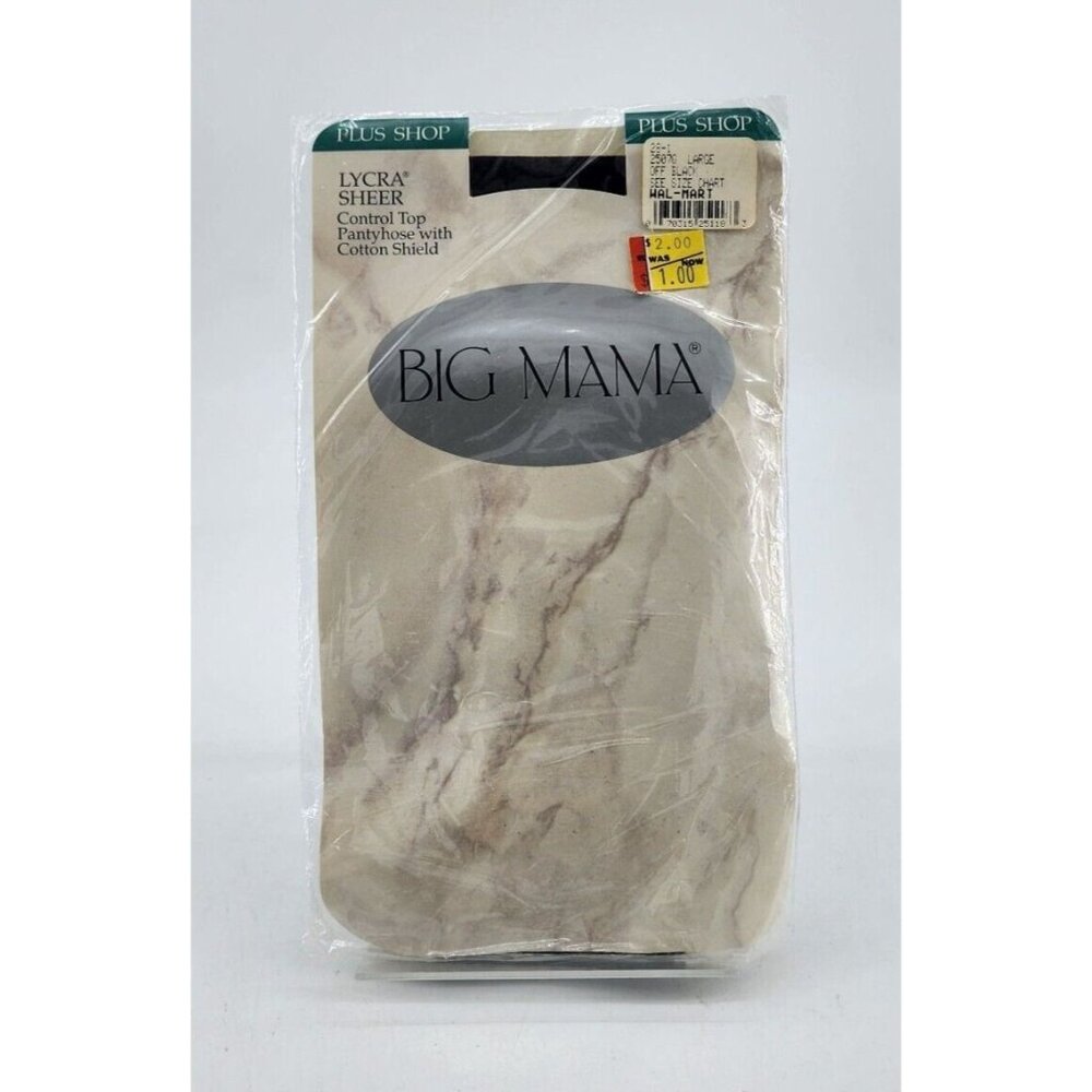 Vtg Big Mama Lycra Sheer Control Top Pantyhose Cotton Shield Off Black Sz Large